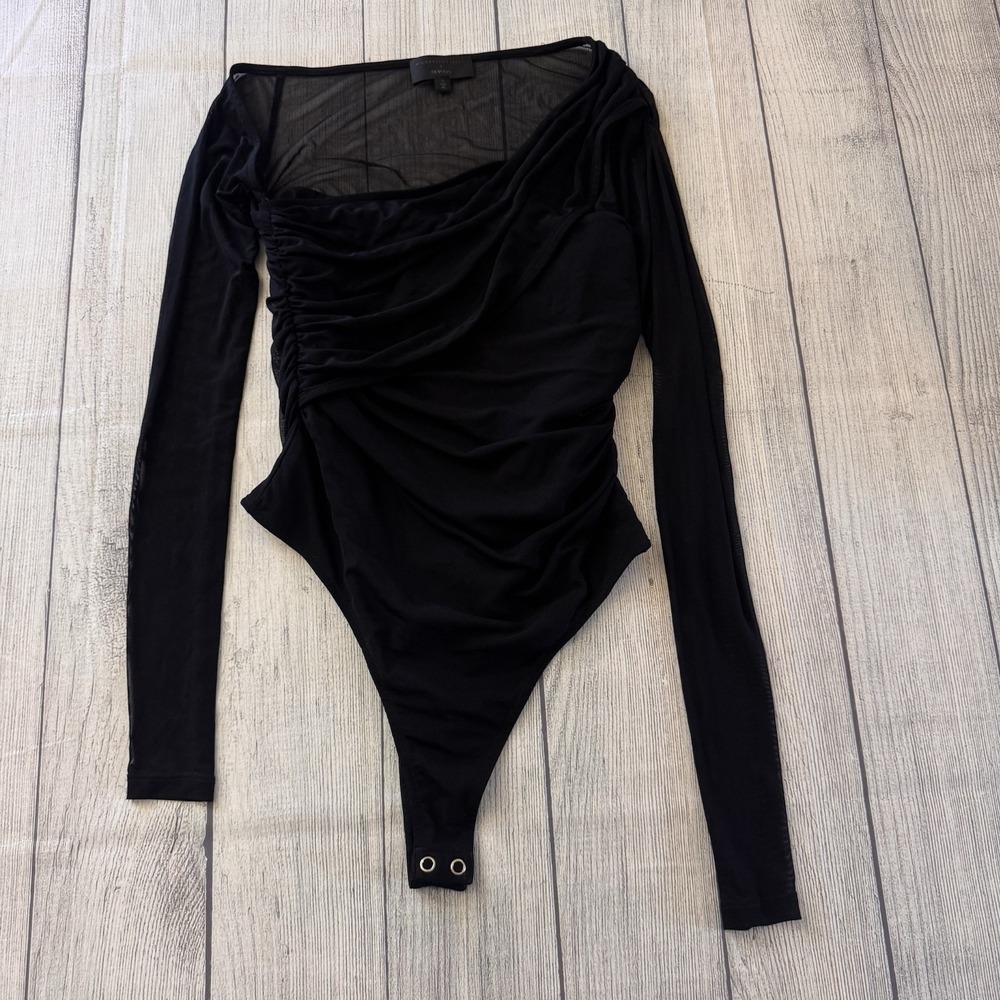 Michael Costello X Revolve Black Ruched‎ Mesh Bodysuit Long Sleeve Small Sexy